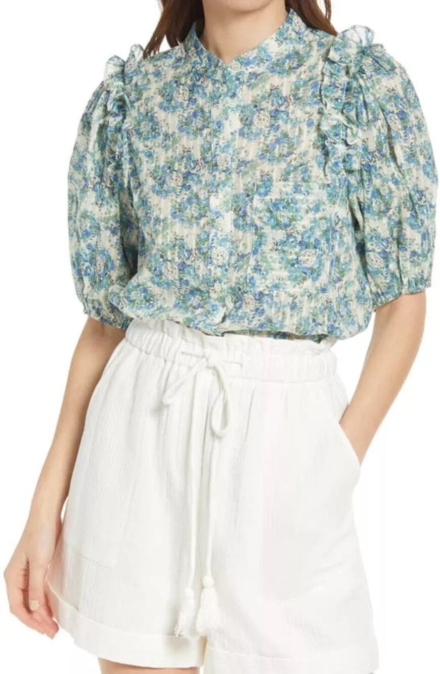 FRNCH Olga Floral Print Cotton Ruffle Top NWT XS Blue Green
